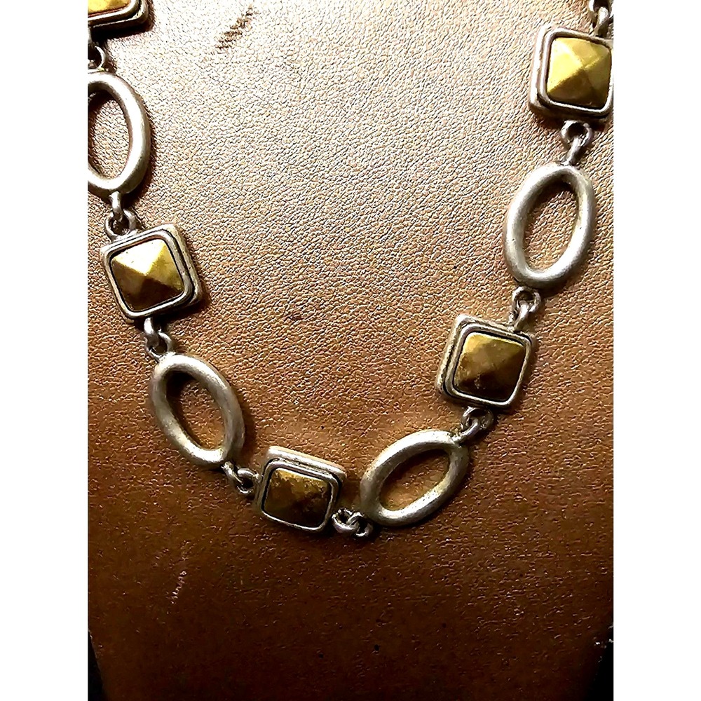 Mixed Metal Geometric Link Necklace Silver Gold Tone Squares Ovals Modern